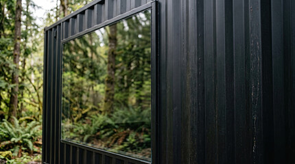 Fototapeta premium Closeup of Black Corrugated Metal Cabin Wall with Window Reflecting Forest