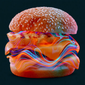 Abstract Neon Cheeseburger with Sesame Bun on Dark Background