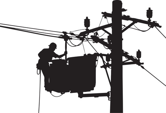 Silhouette of lineman working on power lines from bucket