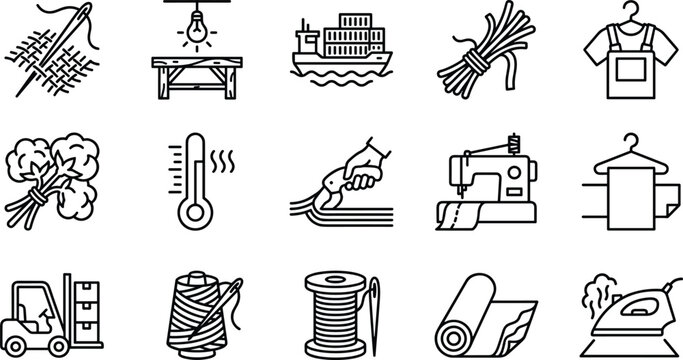 Textile industry and garment manufacturing process black line icon vector set including sewing machine fabric roll cotton spool iron forklift and shipping symbols