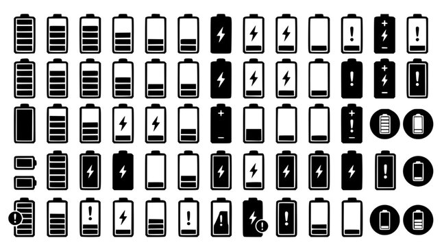 Various battery icons in different states and symbols vector graphic