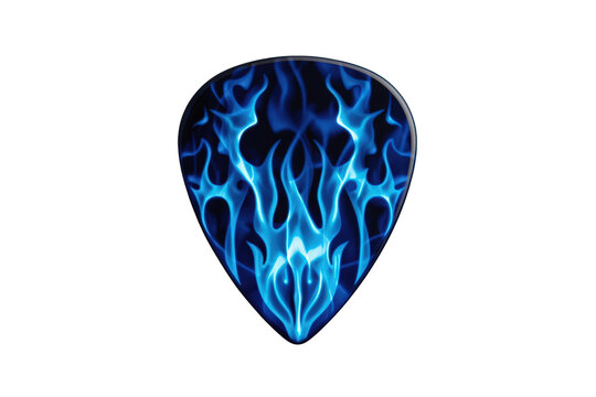Guitar pick with cool blue flames design. Rock music accessory creating powerful sounds and energy