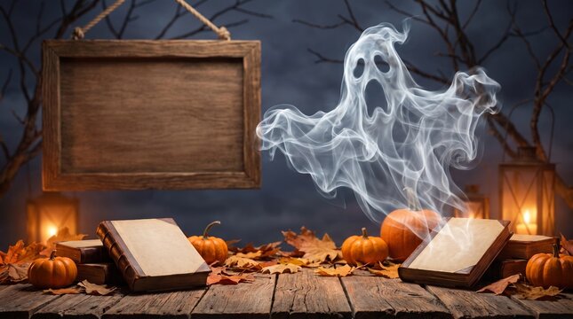 Ethereal smoke ghost rising from an old book with pumpkins and blank wooden sign. Perfect for Halloween backgrounds.