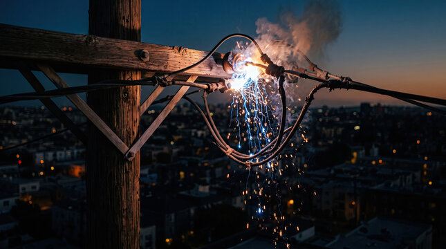 Sparking Electrical Wire Arcing on Wooden Power Pole at Dusk with Cityscape