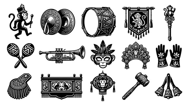 Vintage Engraved Monkey Festival  Musical Instruments Icons - Black and White Line Art Set