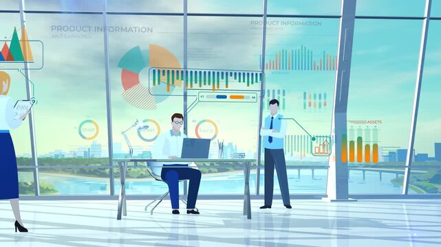 Business team analyzing data with futuristic interface