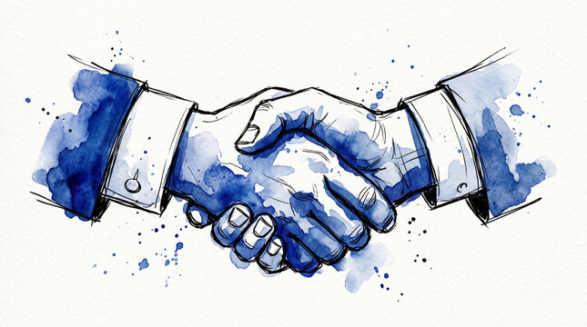 Blue watercolor ink illustration of handshake symbolizing business partnership, deal, agreement and corporate collaboration on white background