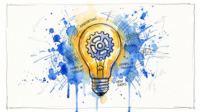Blue watercolor ink sketch lightbulb with gear, representing business innovation, creative ideas, technology and entrepreneurship on white background