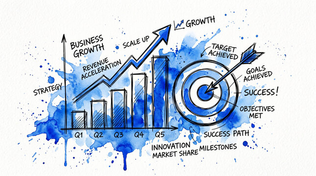 Blue watercolor ink sketch of business growth chart and target arrow, representing strategy, success and corporate planning on white background