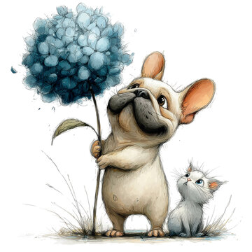 Mouse and Cat Characters Sitting Together Near a Blue Flower Tree with Soft Watercolor Pencil Style Featuring Animal, Pet