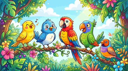 Cute tropical parrots and macaw birds on a tree branch in jungle nature, vector cartoon illustration with flowers, feathers, spring wildlife design © Rizky
