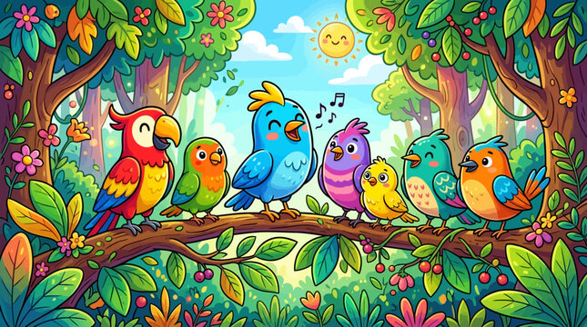 Cute tropical parrots on branch with flowers and leaves, vector illustration of jungle wildlife in spring and summer, cartoon nature art design with green beak and wings
