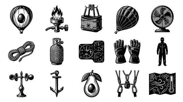 Hot Air Ballooning Adventure Equipment Icons Set. Vintage Engraving Style Black  White Line Art.