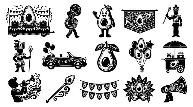 Black and White Avocado Food Festival  Carnival Glyph Icons Set - Festive Parade Elements