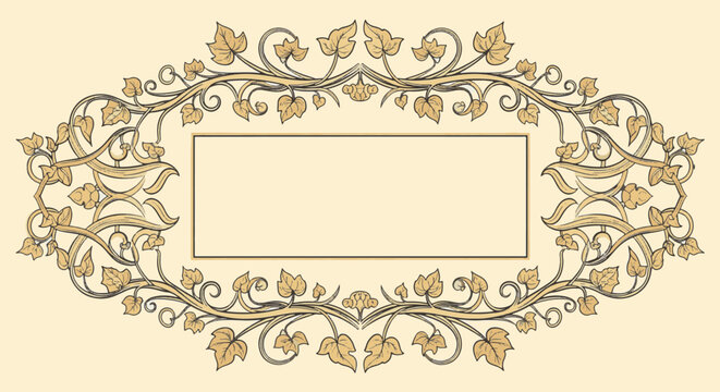 Classic botanical ornamental frame with elegant ivy leaves and winding vine scrollwork in a symmetrical oval pattern around a rectangular text field on a beige background.