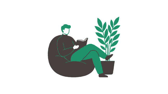 Person reading book in beanbag chair next to plant
