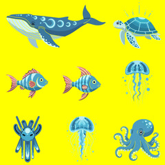 Fototapeta premium Vibrant illustration of marine life including a whale, turtle, fish, jellyfish, octopus, and crab swimming together in ocean
