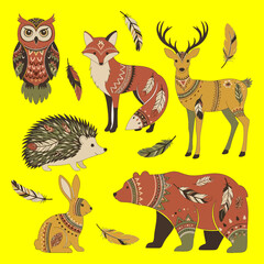 Fototapeta premium Vibrant illustration of animals including an owl, fox, deer, hedgehog, bear, and rabbit adorned with feathers on a bright yellow background with 22.ai concept.