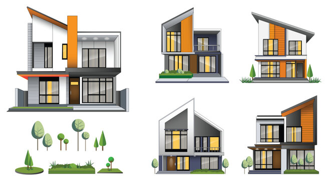 Handmade Modern Minimalist House Illustration Set with Realistic Residential Facades. Handmade modern minimalist house illustration set created manually without AI generation. Featuring realistic  