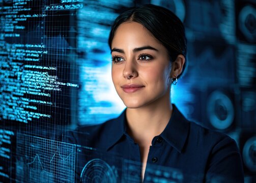 Woman developer analyzing complex data on a digital hologram in a future interface