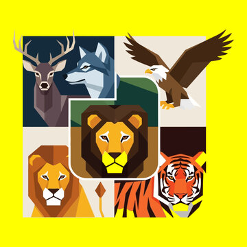 A vibrant digital collage showcases various animal faces including a deer, wolf, eagle, lion, and tiger in a creative arrangement.