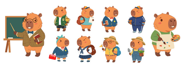 Fototapeta premium Cute cartoon capybara character set, Hand drawn cute capybara animals in back to school and hobbies concept, Vector collection