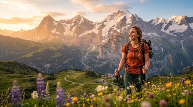 Happy female hiker with backpack standing in scenic alpine mountain landscape surrounded by colorful wildflower meadow at sunset