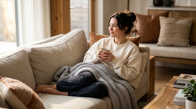Woman relaxing on a comfortable sofa holding a cup of coffee with relaxation lifestyle peaceful domestic interior thoughtful