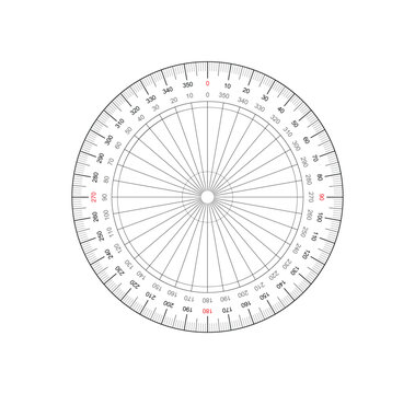 Protractor Precision: A clear circular protractor with precise markings for measuring angles, showcasing mathematical tools and geometric measurement.