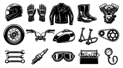 Obraz premium Motorcycle Biker Gear, Parts, and Mechanic Tools - Black and White Monochrome Vector Illustration Set