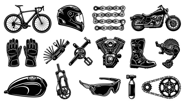 Black and White Vector Icons of Motorcycle and Bicycle Parts and Gear