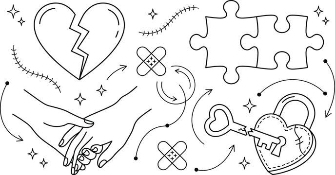 Relationship healing vector doodle icon set with broken heart holding hands puzzle pieces lock and key outline elements