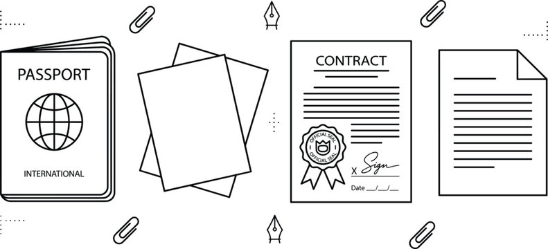 Legal document and travel passport icon set with official contracts signature pages paper sheets and linear outline elements
