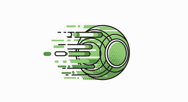 Minimalist vector illustration of a green and white bocce ball in motion, featuring dynamic horizontal speed lines, halftone dot patterns, and clean black outlines on a white background.