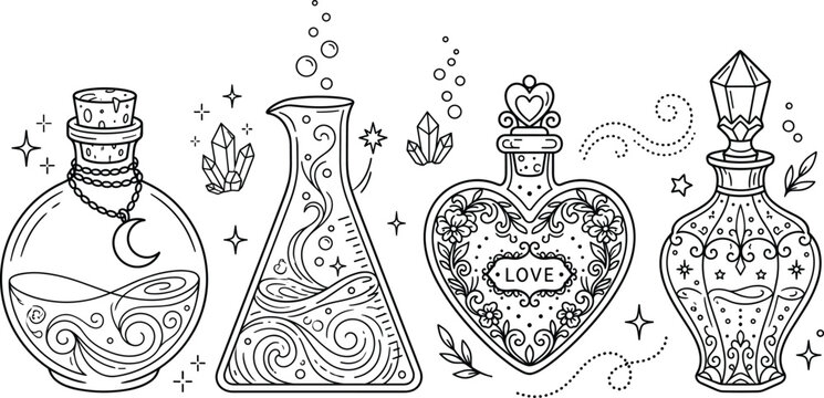 Magic potion bottles vector doodle icon set with love elixir crystals witchcraft alchemy and fantasy elements outline style