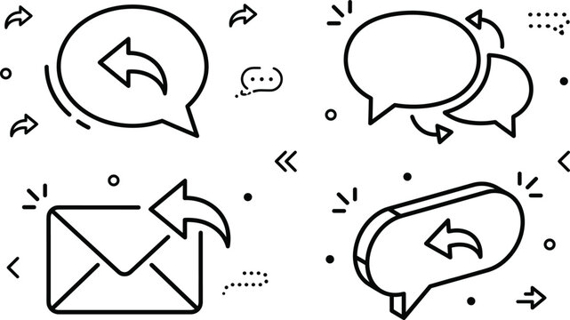 Message reply email vector doodle icon set with chat bubble forward arrow communication discussion elements in outline style