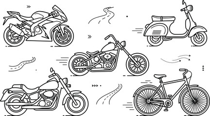 Motorcycle transport vector doodle icon set with sport bike chopper cruiser scooter road and bicycle outline elements © MD
