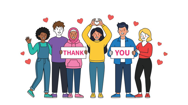 Diverse group of young people standing together holding signs that say thank you while smiling brightly and expressing gratitude with heart shapes floating around them in this modern flat vector illus