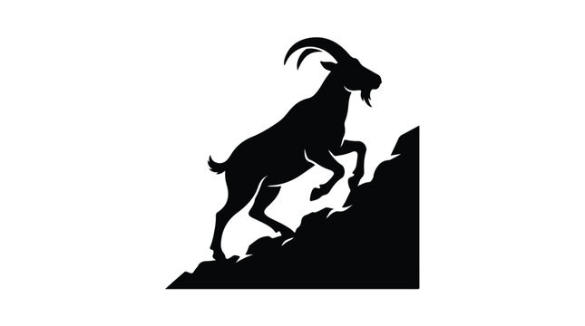 Mountain goat silhouette climbing rocky peak, wild ibex animal vector icon, black ram on cliff side, alpine wildlife logo for outdoor adventure
