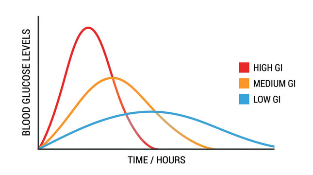 Colorful line graph illustrating the glycemic index impact of various food sources on human blood glucose levels over a specific period of time presented in a clean and minimal style on white backgrou