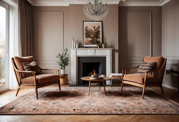 Obraz premium Modern living room with two armchairs and fireplace