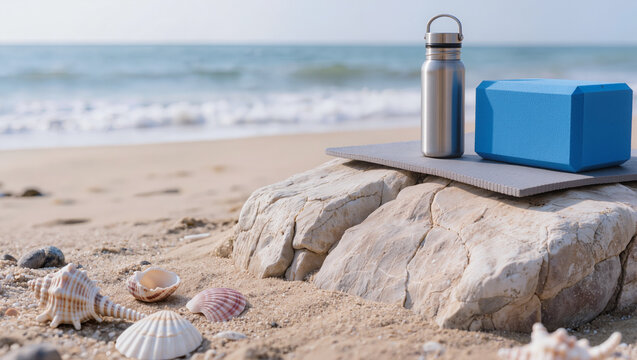 Yoga mat, blue foam block, and metal water bottle on a rock by the ocean. Minimalist composition for wellness, fitness motivation, and mindful exercise practice