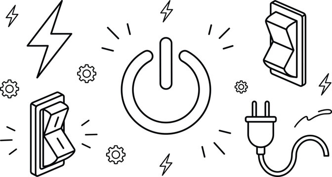 Power switch and energy icon set with electrical plug lightning bolts toggle switches buttons and line outline elements