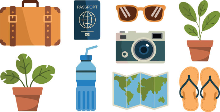 Travel elements and summer vacation accessories icon set with suitcase passport camera sunglasses map water bottle plants flip flops vector
