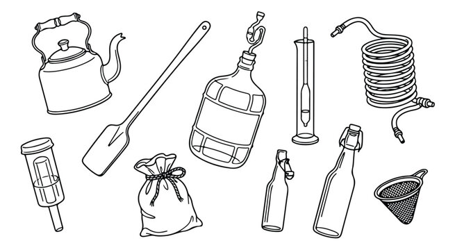 Homebrewing Equipment Vector Set, Essential Beer Making Tools and Supplies, Craft Brewing Utensils and Bottles, DIY Beverage Production Kit