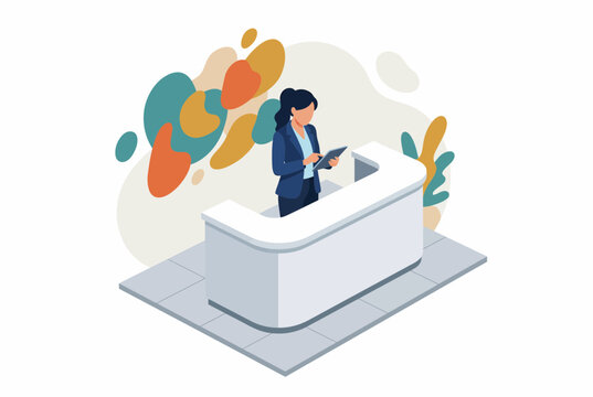 Professional Female Receptionist Working at a Modern Reception Desk