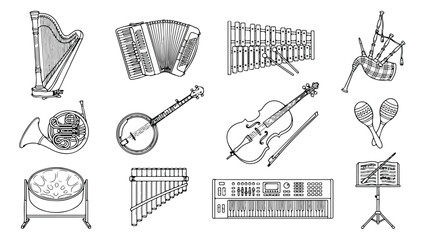 Musical instruments vector set, hand-drawn orchestra and folk music collection, black and white line art illustrations for music education and entertainment designs © Asma