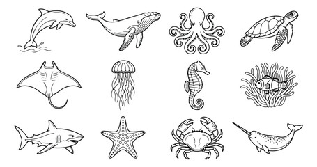 Oceanic marine life vector icon set, hand-drawn sea creatures collection, underwater animal illustrations for educational resources and aquatic themes, black and white line art. © Asma