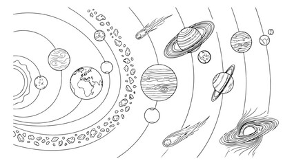 Solar system planets, hand-drawn celestial bodies, cosmic astronomy illustration, space exploration vector art for educational designs © Asma