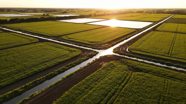 Aerial agriculture view of farmland divided by irrigation boundaries and soil paths